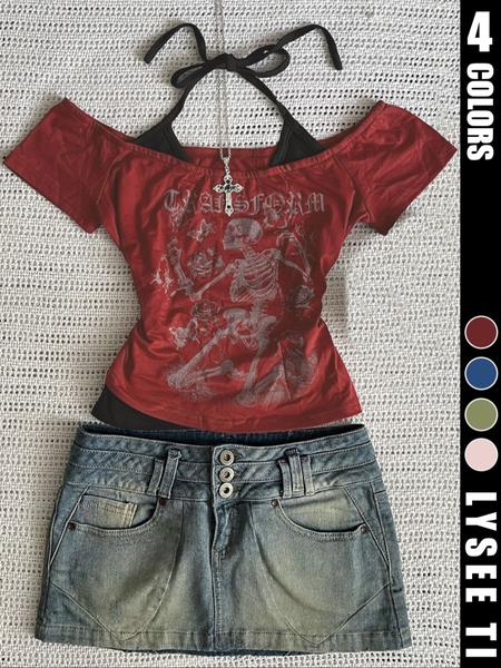 Fashion and casual Y2k women's skull printed back strap T-shirt
