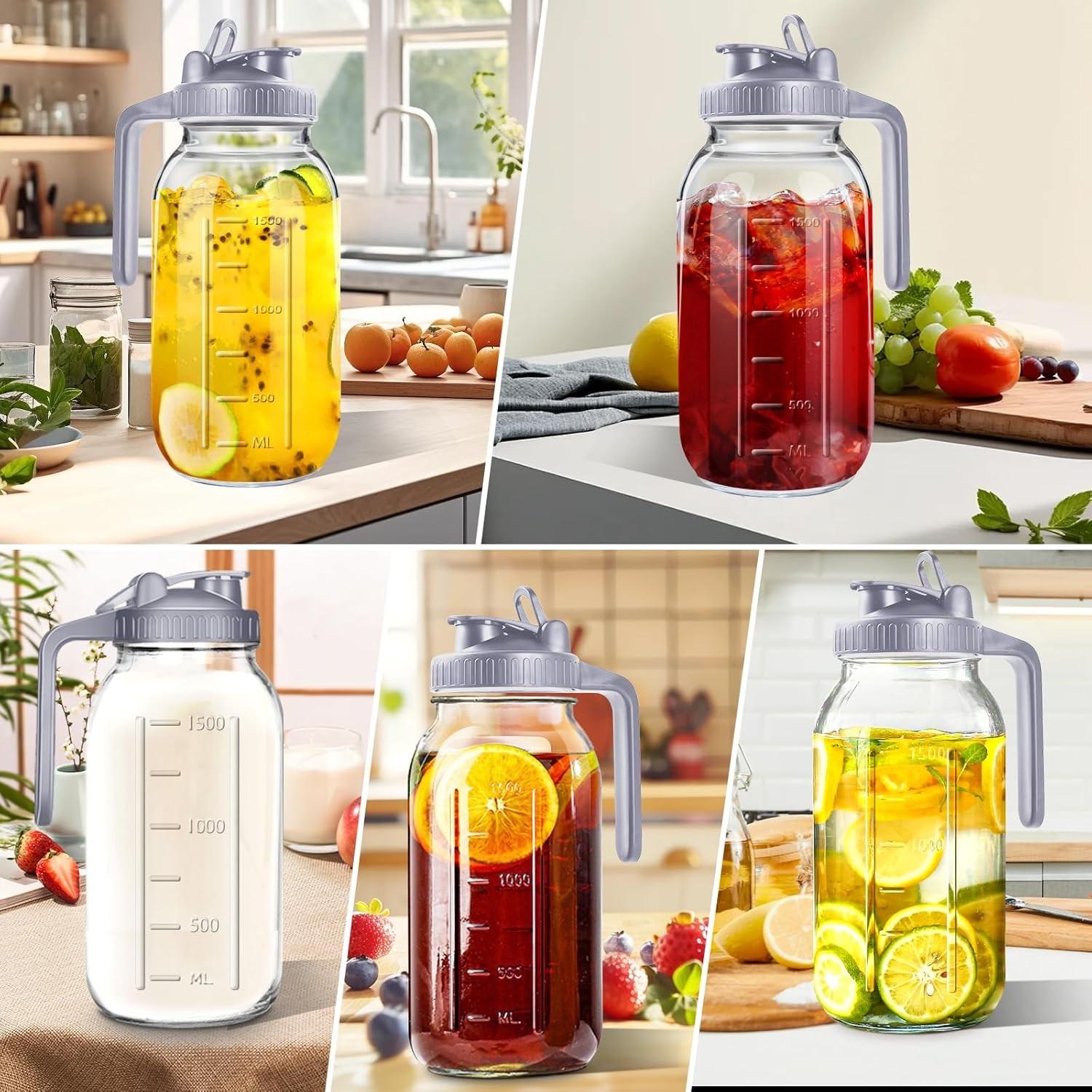 64oz Glass Water Jug with Lid, 2 Quart Mason Jar with Spout, Wide Mouth Breast Milk Bottle, Sun Tea Pot, Cold Brew Coffee Maker, Refrigerator Storage, Glass Pitcher, Tea Pitcher for Fridge