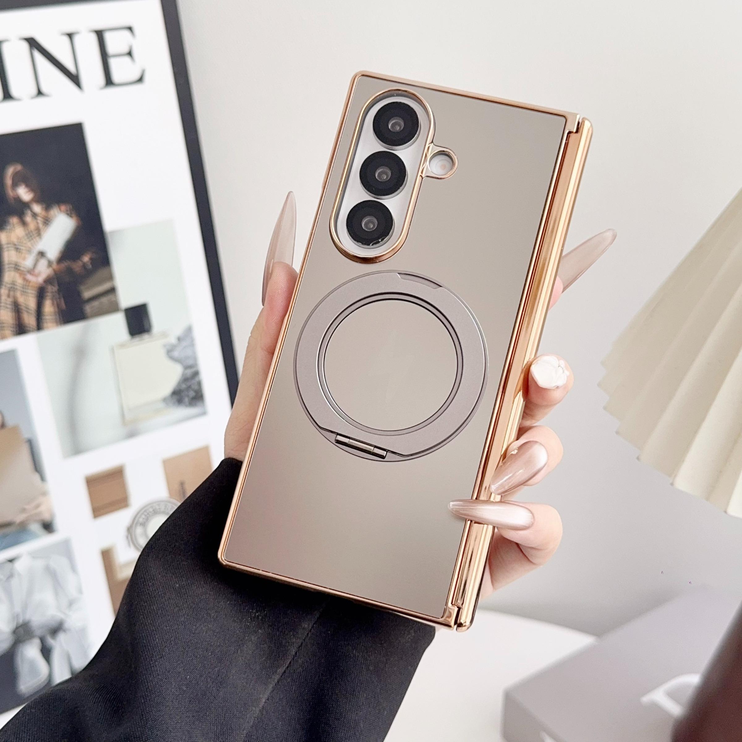 High-End Ag Frosted Electroplated Dual Axis Phone Case for Samsung Galaxy Z Fold7/6/5/4, 360° Rotating Stand, Wireless Charging Support