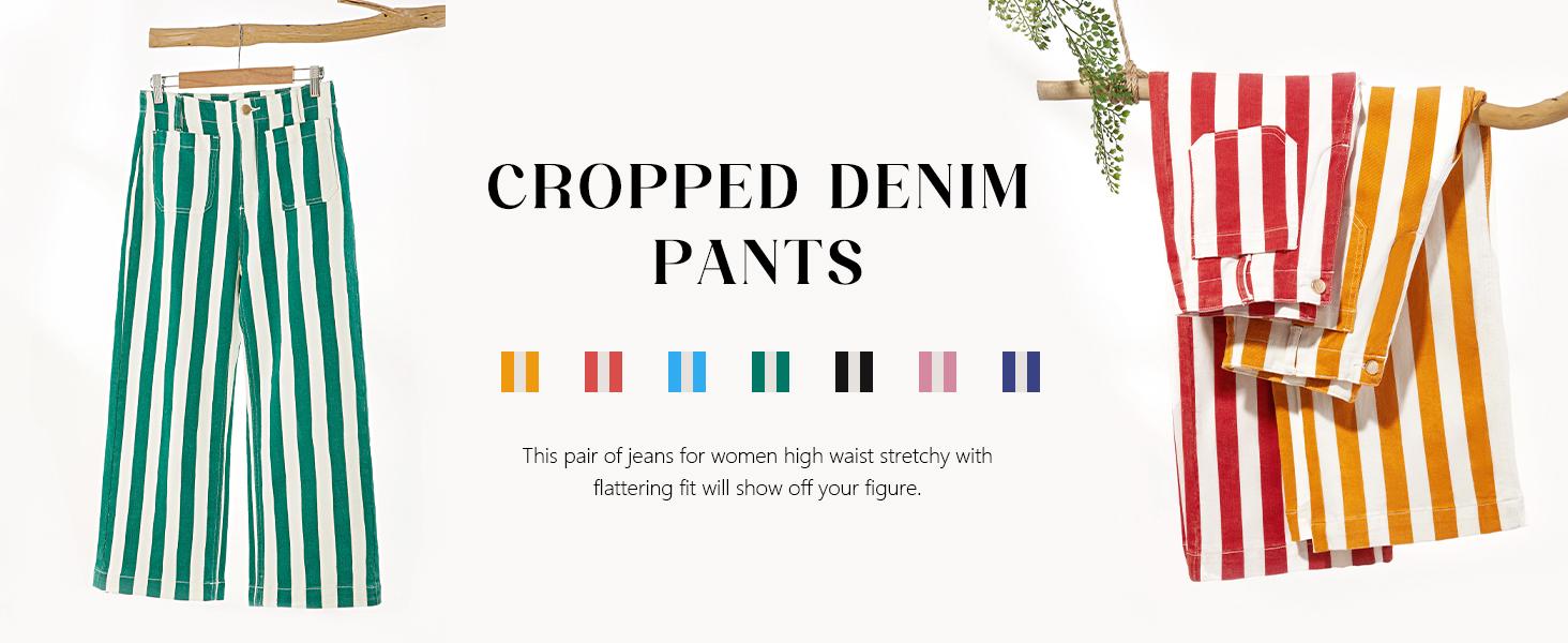 Cicy Bell Womens Cropped Striped Jeans Casual High Waisted Stretchy Straight Leg Denim Pants with Pockets