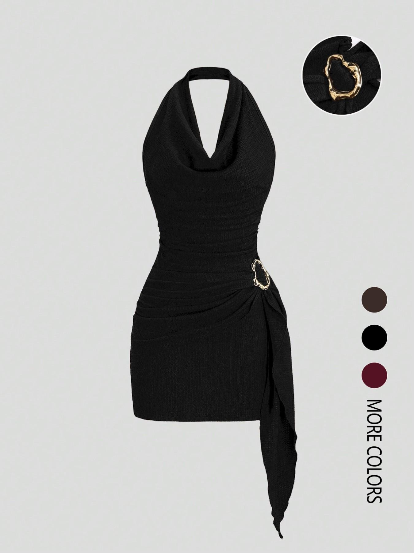 Women's Fashion Solid Color Halter Dress, Casual Office Wear, Elegant Backless Design, Perfect for Daily Use, Stylish and Comfortable