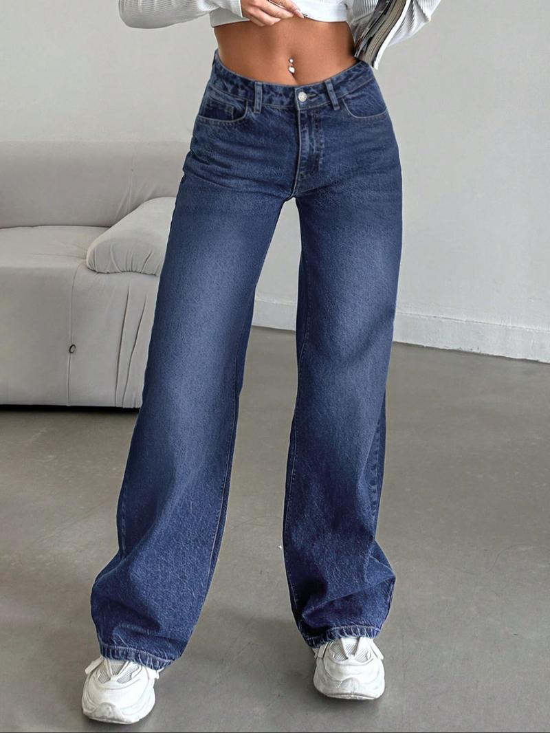 Women's Low Rise Nondistressed Jeans, Street Style Retro Loose Fit Straight Jeans, Fashion Washed Jeans for Daily Wear