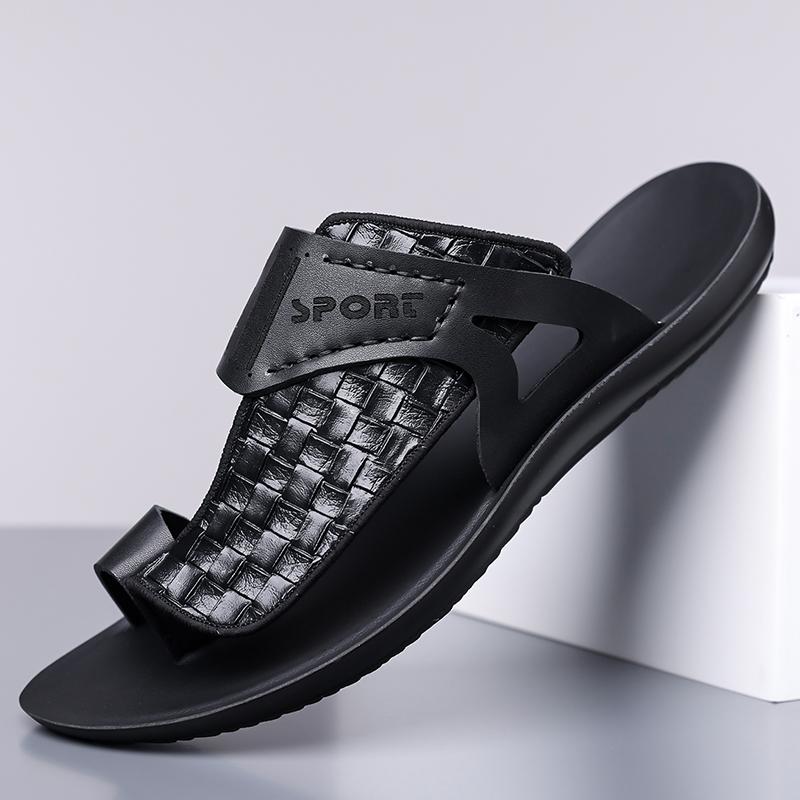 Men's Summer New Sandals, Letter Print Straw Texture, Trendy Anti-Slip Thin Sole, Casual Beach Shoes, Fashionable and Comfortable