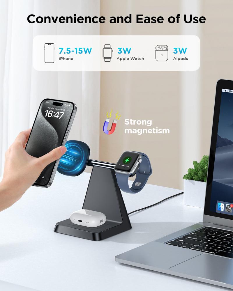 3-in-1 Charging Station Compatible with Magsafe Wireless Charger for iPhone 16/15/14/13/12 Series for AirPods iWatch Series Wireless Charger