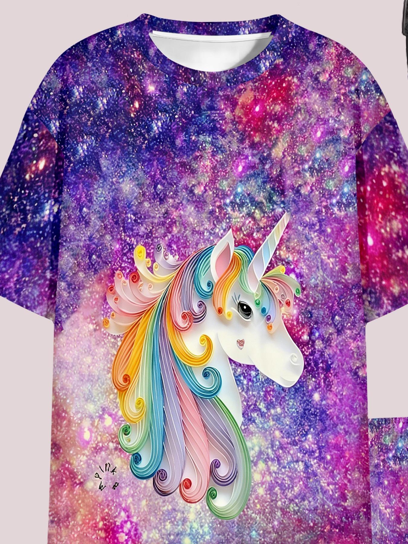 Girls Summer Rainbow Unicorn Galaxy Print Set, Kids Stylish Short Sleeve & Shorts Two-Piece Outfit