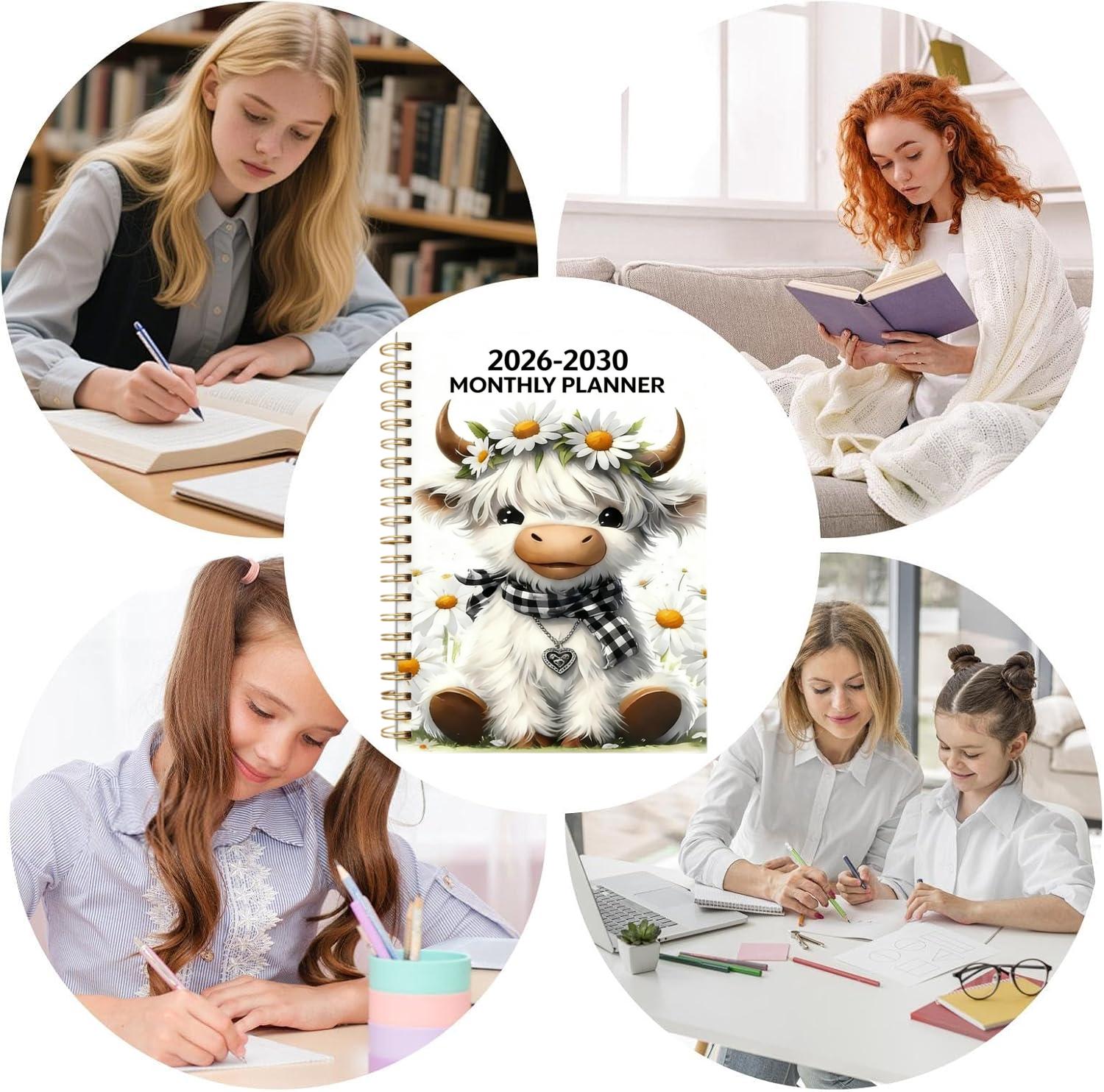 2026-2030 Monthly Planner/Calendar - January 2026 to December 2030, 5-Year Monthly Planner, White Cartoon Highland Cow Cover Design Notebook, Yearly Calendar Planning, Monthly Tabs, 60-Month Calendar, 5.5 x 8.3 inches, Thick Paper, Elastic Cover, Durable