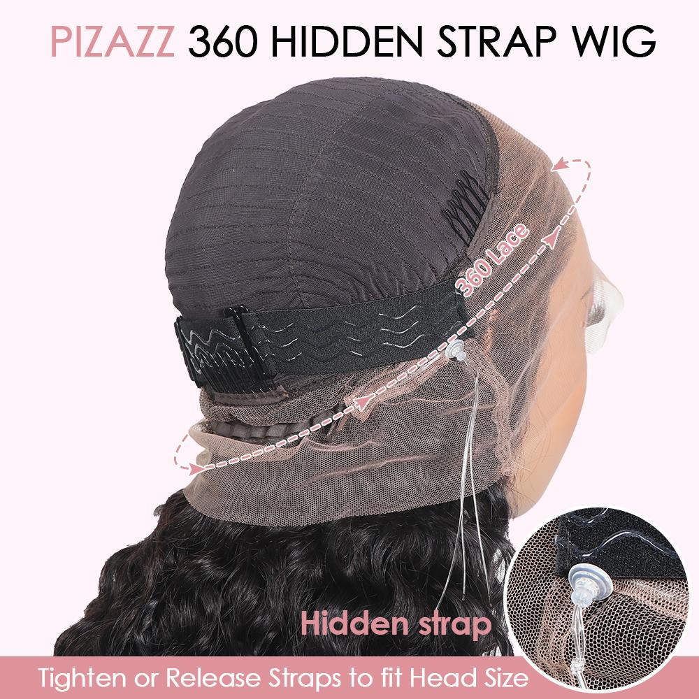 Pizazz Hair Hidden Strap 360 Drawstring Glueless Wigs Human Hair Pre Plucked Pre Bleached Knots 220 Density Water Wave Full Lace Frontal Wig with Drawstring Curly HD Lace Wigs for Women