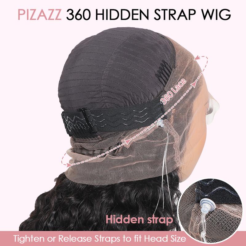 Pizazz Hair Hidden Strap 360 Drawstring Glueless Wigs Human Hair Pre Plucked Pre Bleached Knots 220 Density Water Wave Full Lace Frontal Wig with Drawstring Curly HD Lace Wigs for Women