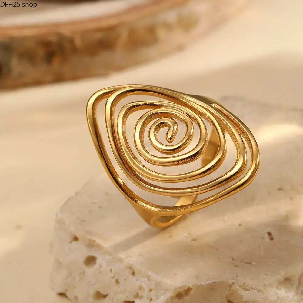 Swirl Pattern Open Ring for Women and Men, Stainless Steel Adjustable Band with Geometric Spiral Design for Daily Wear and Minimalist Styling