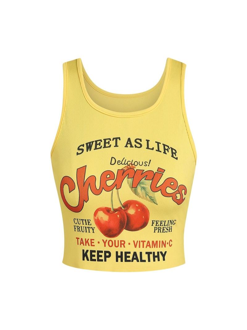 Women's Letter & Fruits Print Crop Tank Top, Casual Scoop Neck Sleeveless Top for Daily Wear, Ladies Clothes for All Seasons