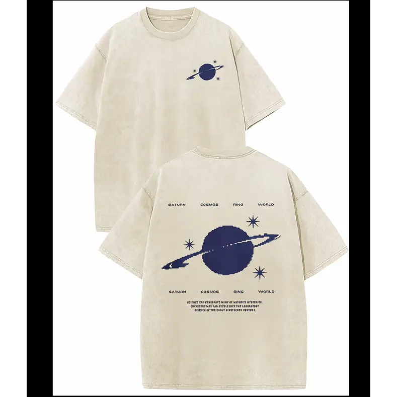 Saturn Cosmos Planet Pixel Double‑Sided Graphic Cotton washed T‑Shirt, Comfort Oversized Cute Fashion Outfit, Holiday Best Gift For Him Her, Perfect Present For Family Friends