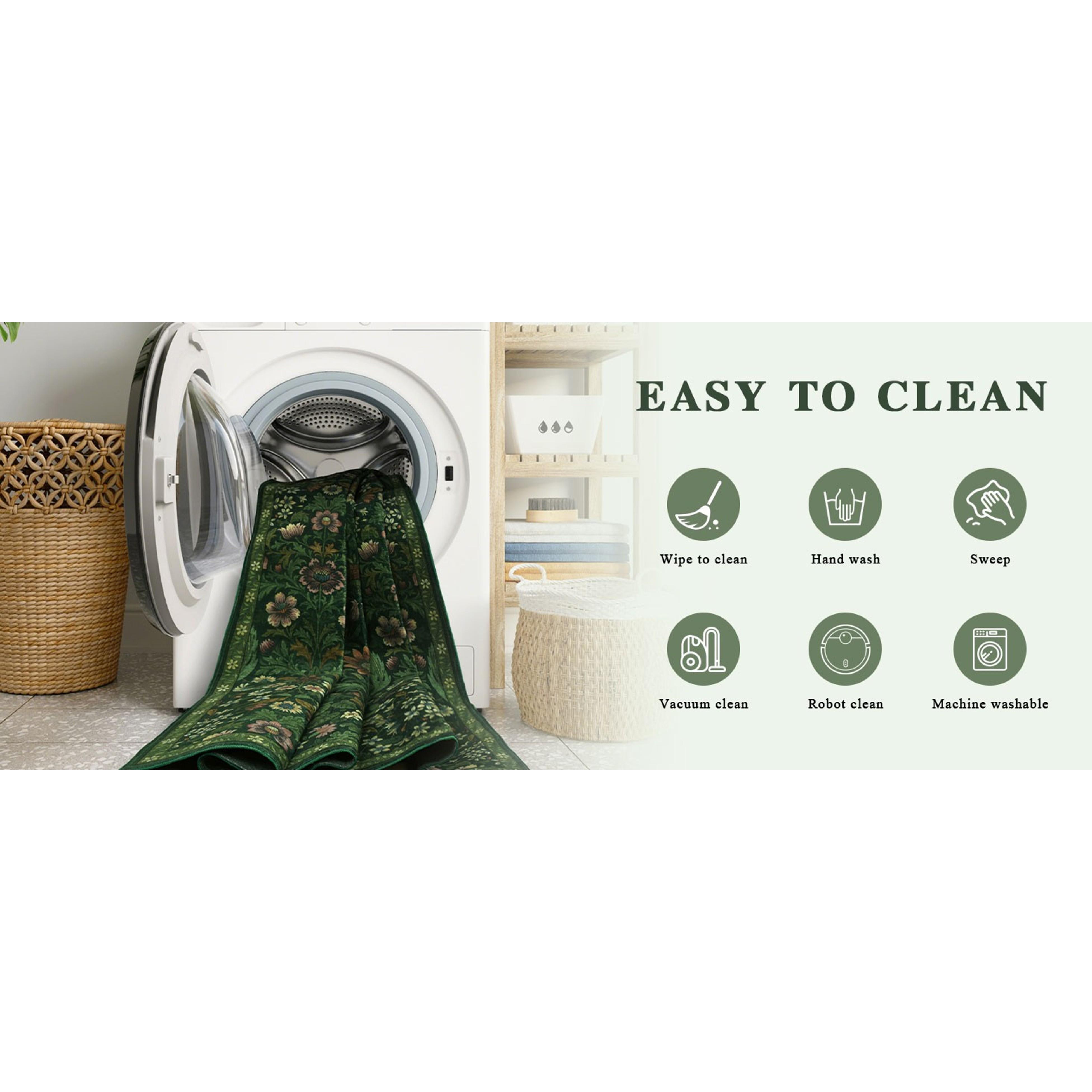 5×7 Dark Green Washable Floralbotanics Area Rug - Vintage Boho Soft Low-Pile Stainresist Non-Slip Carpet for Living Room, Bedroom, Home Decor, Rectangle
