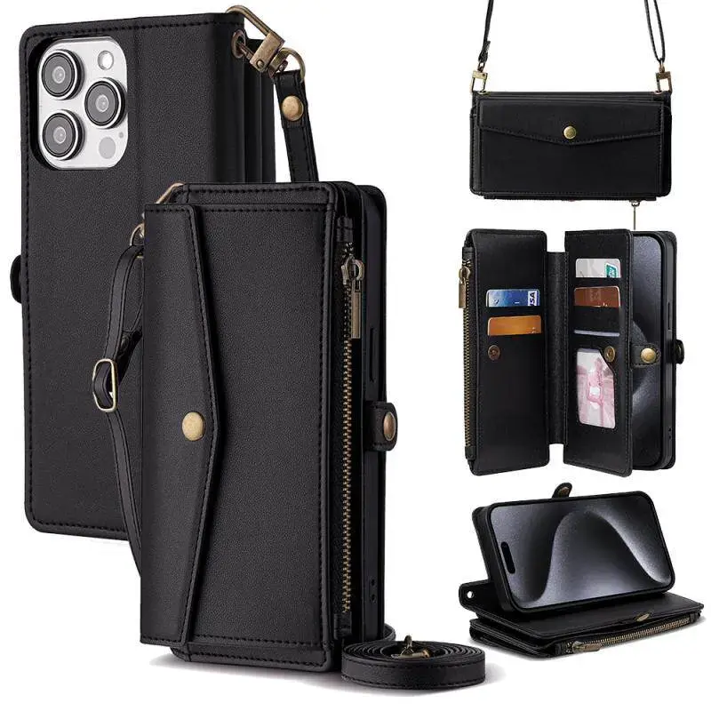 PU Leather Multi-Functional Protective Crossbody Wallet Case for iPhone 17/16/16Plus/15/14/13/12 Pro Max Air - 5 Card Slots, Zipper Pocket, Adjustable Shoulder-Wrist Straps, Kickstand, Magnetic Closure, Durable Cellphone Cover Accessories