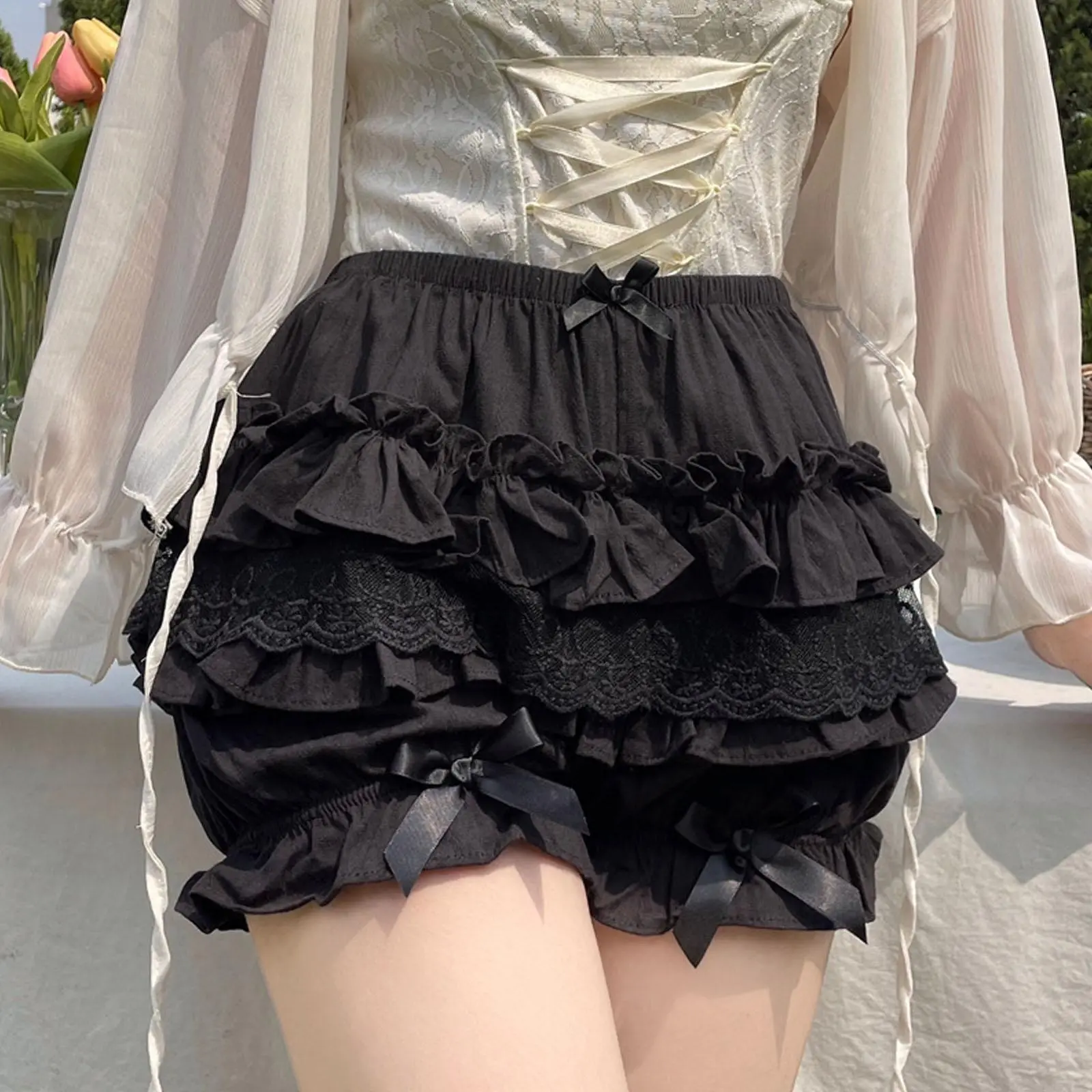 Women's Solid Lolita Bloomers, Kawaii Ruffled Pumpkin Shorts with Lace Trim and Bowknot, Polyester Cosplay Costume Bottoms, Lacy, Clothes, Cute, Role Play, Mid Waist, Check Size Chart, Elastic Waist