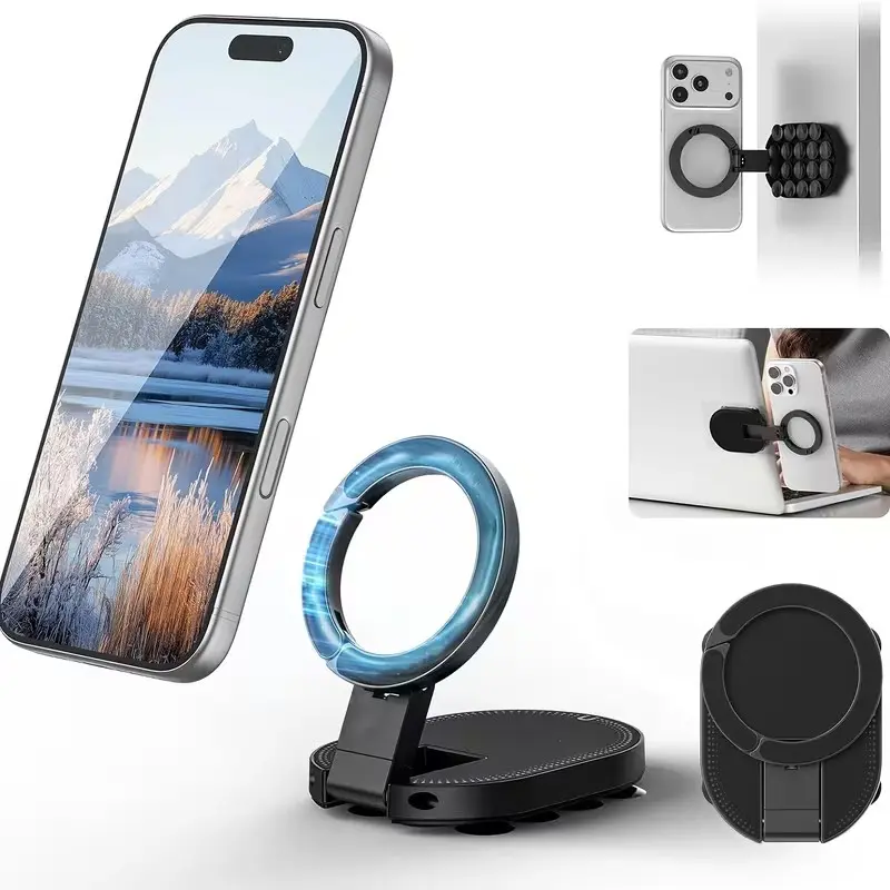 3-In-1 Suction Magnetic Phone Holder for Magsafe, 360° Rotatable Tripod Mount, Carabiner Clip, Compatible with iPhone 17-12, Ideal for Car, Gym, Office, Cellphone Holder