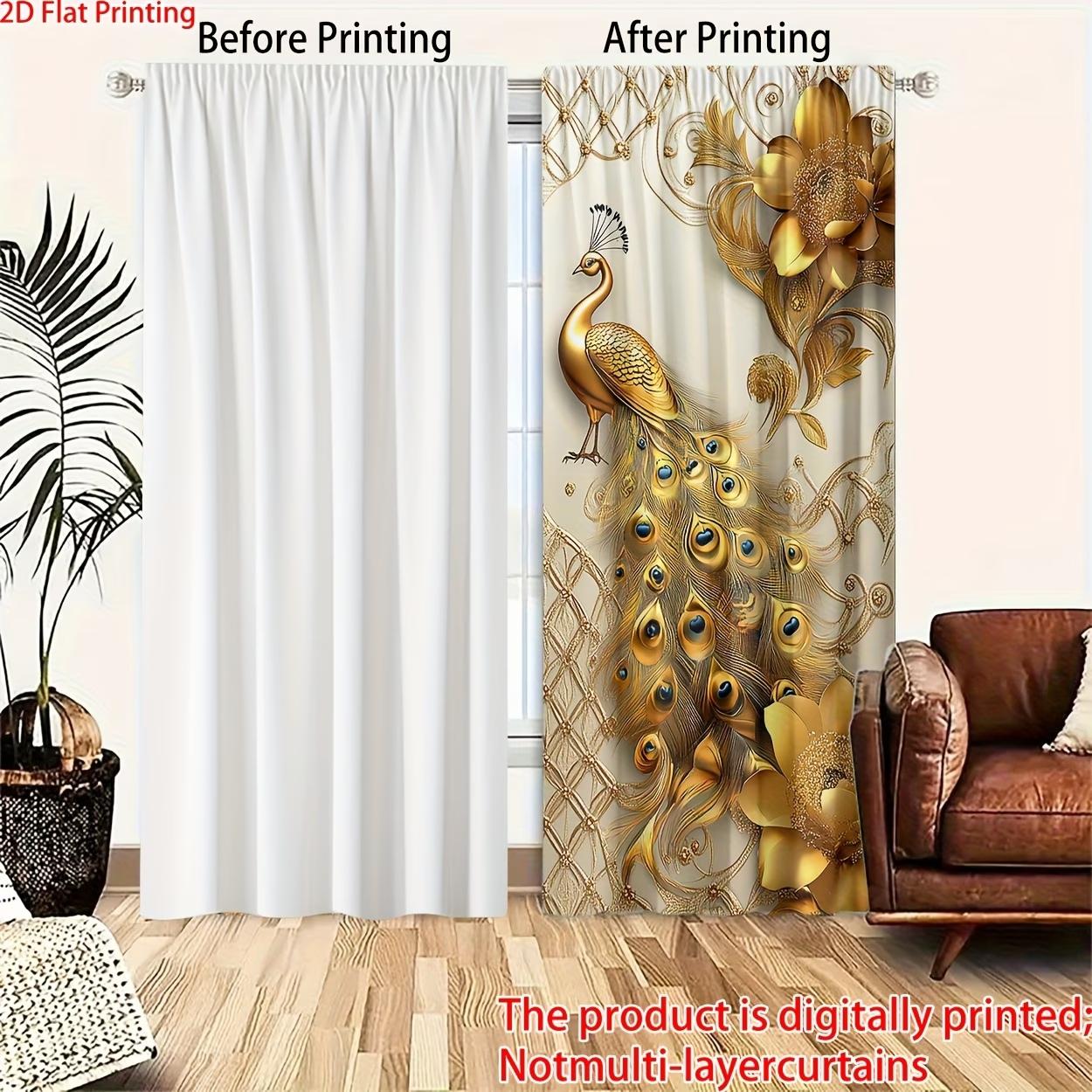 2 pieces, 2D flat printing, polyester material, digitally printed golden peacock pattern filtering curtains, suitable for bedroom, living room, office and home decoration, pole pocket design, suitable for hanging on poles