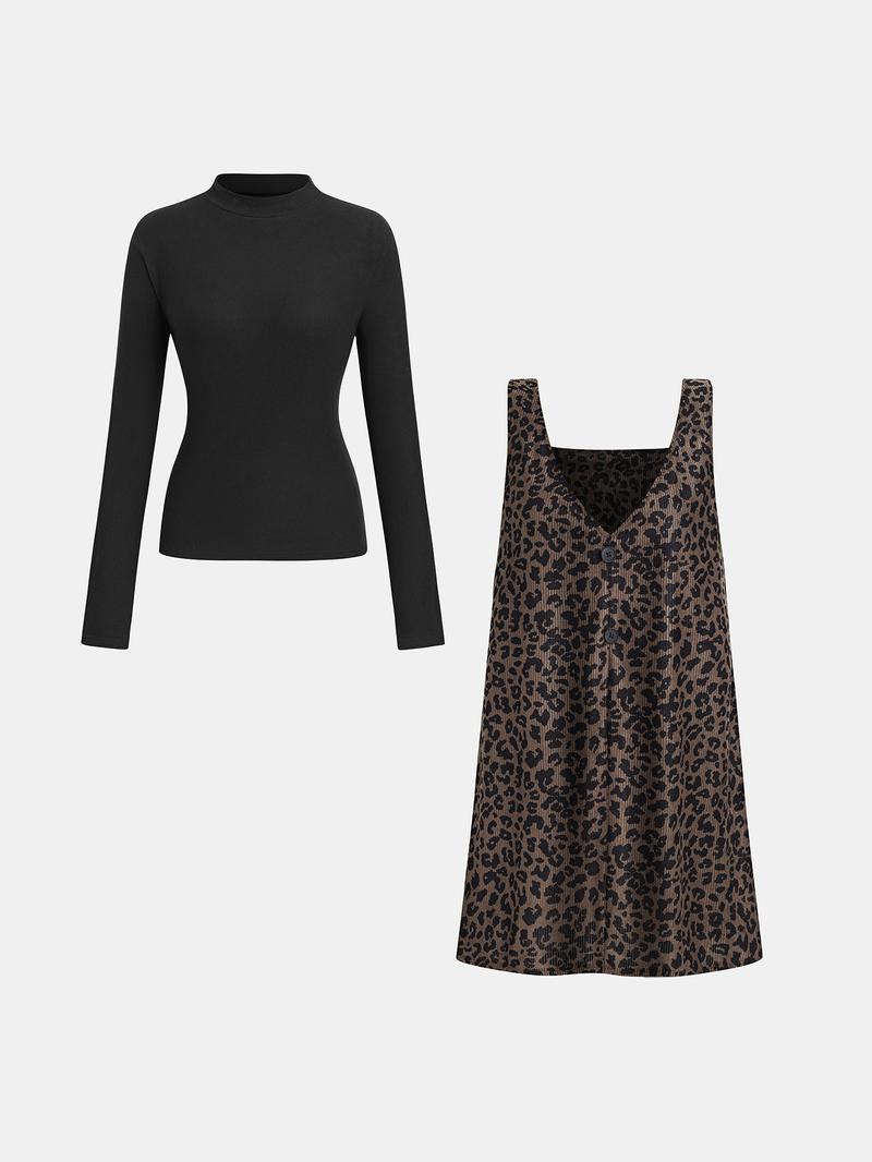 Valentine's Day Women's High Neck Inner Layer + Leopard Print Strap Skirt Set, Casual Daily Spring Autumn Commuter, Two-Piece Ensemble