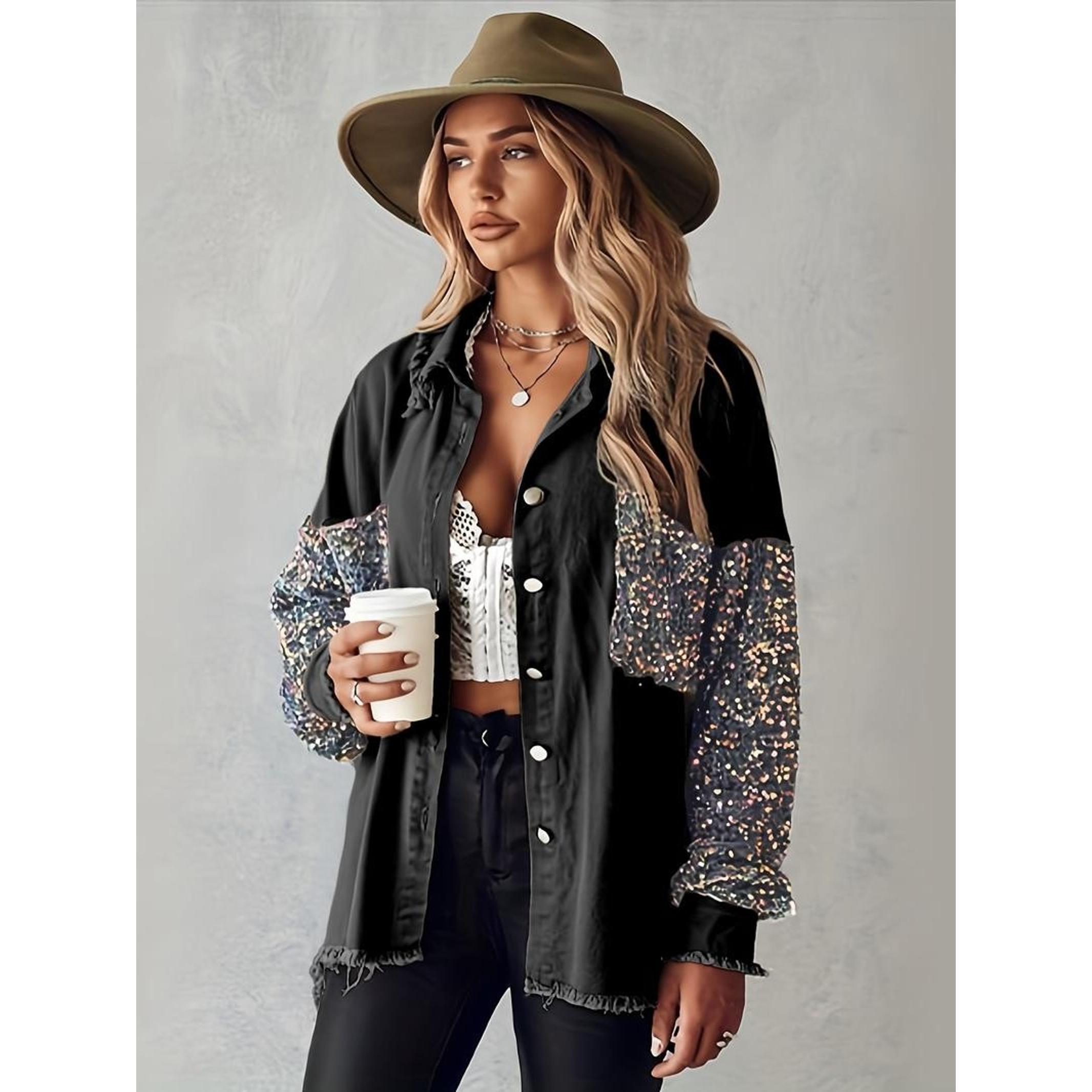 Women's Denim Patchwork Colorful Sequins Shirt Jacket, Cool Personal Style, Fringe Design, Daily Wear, Streetwear, Parties
