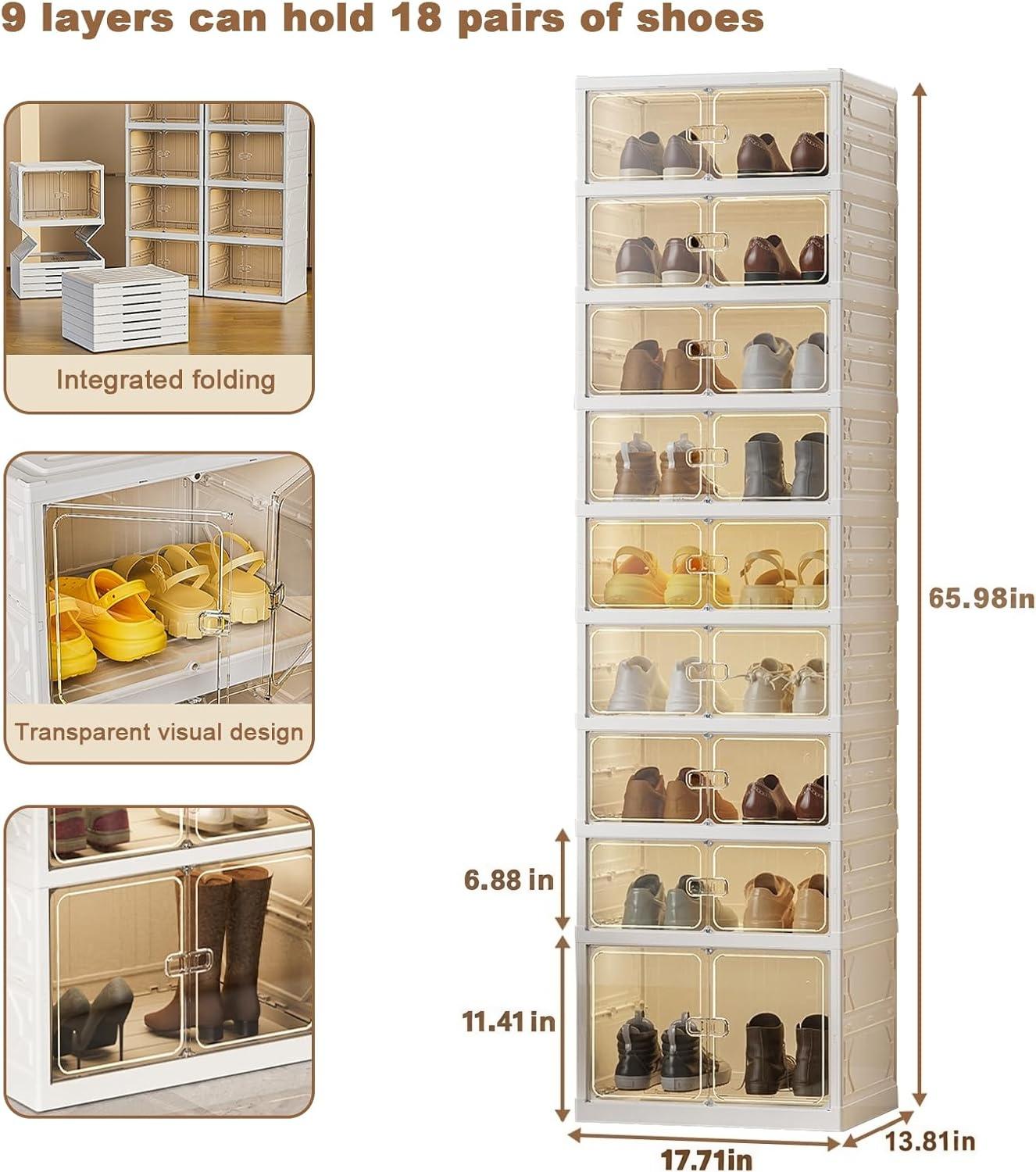 UFORU 9-Tier Foldable Shoe Rack Organizer for Closet,Stackable Sneaker Storage Boxes with Door,Easy Assembly,Plastic Boot Organizer Boxes for Hallway,Living Room,Closet