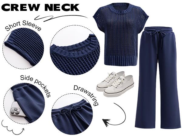 ANRABESS Women Summer Two Piece Sets Crochet Sheer Knit Sweater Top Wide Leg Pants Lounge Matching Sets Sweatsuit Comfort Vacation Going Outfits