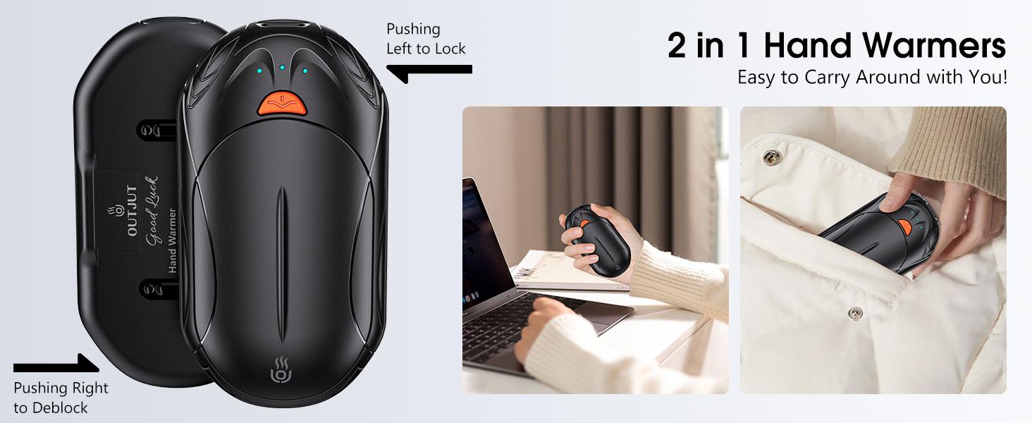 OUTJUT Hand Warmers Rechargeable 2 Pack, 6000mAh Rechargeable Hand Warmer, 20Hrs Long Heating Electric Hand Warmer, Portable Pocket Heater, Gifts for Christmas, Golf, Camping, Hunting