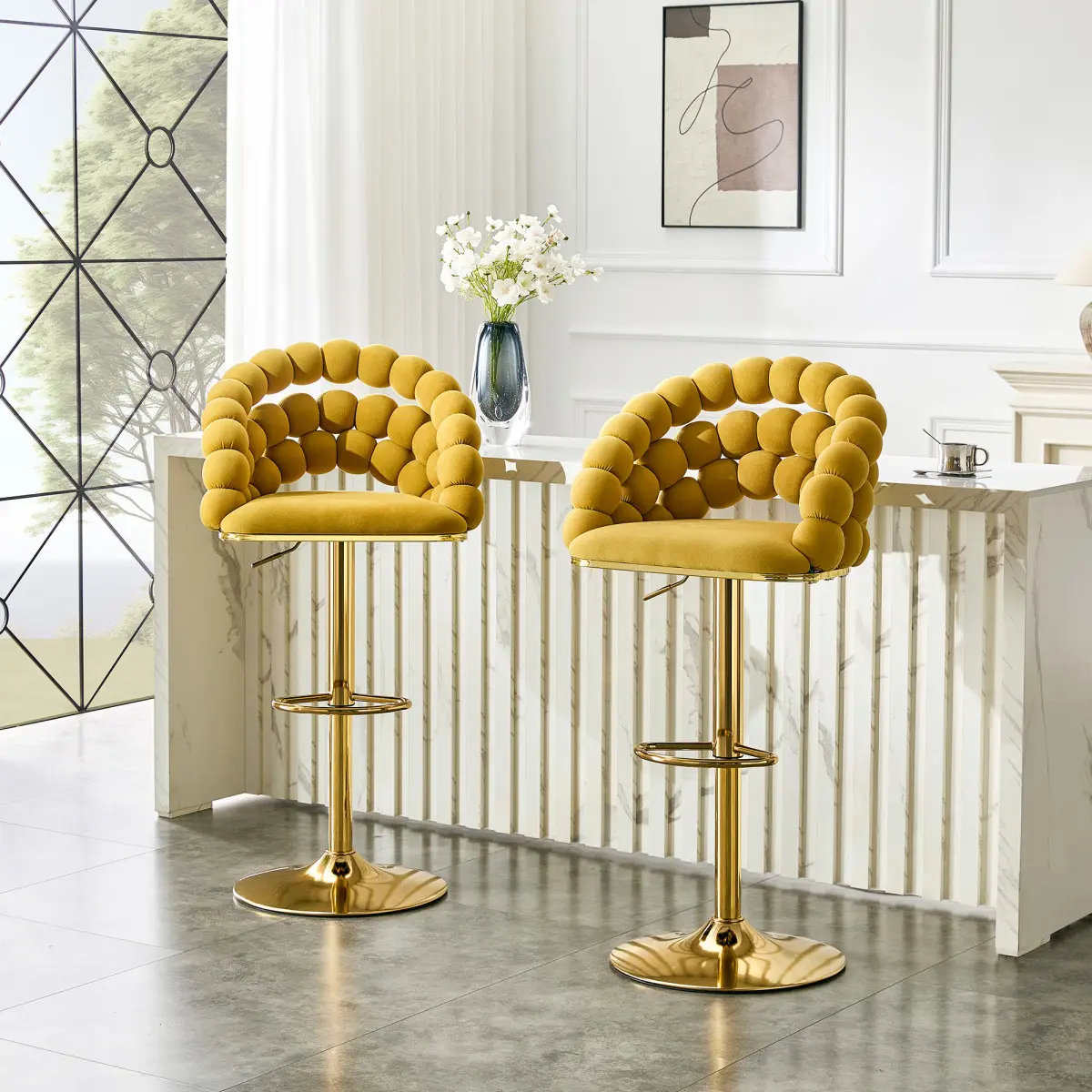 Adjustable Swivel Bar Stools, Luxury Velvet Bubble Woven Backrest Bar Chairs, Gold Metal Gas Lift Counter Height Barstools with Footrest, Modern Bar Stool for Kitchen Island, Home Bar & Pub