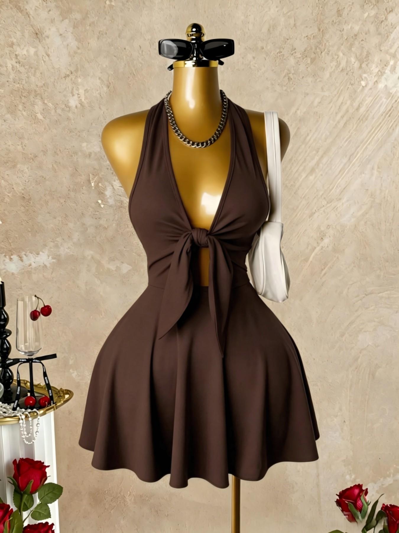 Sexy Halter Deep V Neck Hollow Out A-Line Dress, Summer Streetwear Short Dress, Trendy Single Piece, Graphic, Perfect for Casual, Chic Casual Outfits