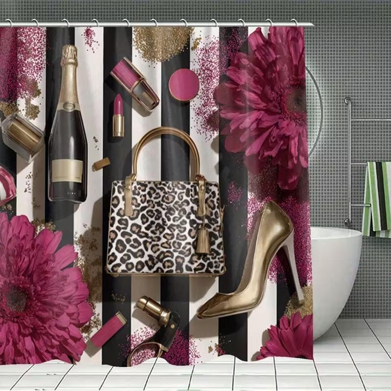 1/4pc Fashionable, Luxurious, and Beauty Pattern Shower Curtain Set, including a shower curtain, toilet seat cover, and U-shaped mat. Perfect for bathroom décor and beautifying the space. Comes with 12 shower curtain hooks Bathroom Decoration Accessories