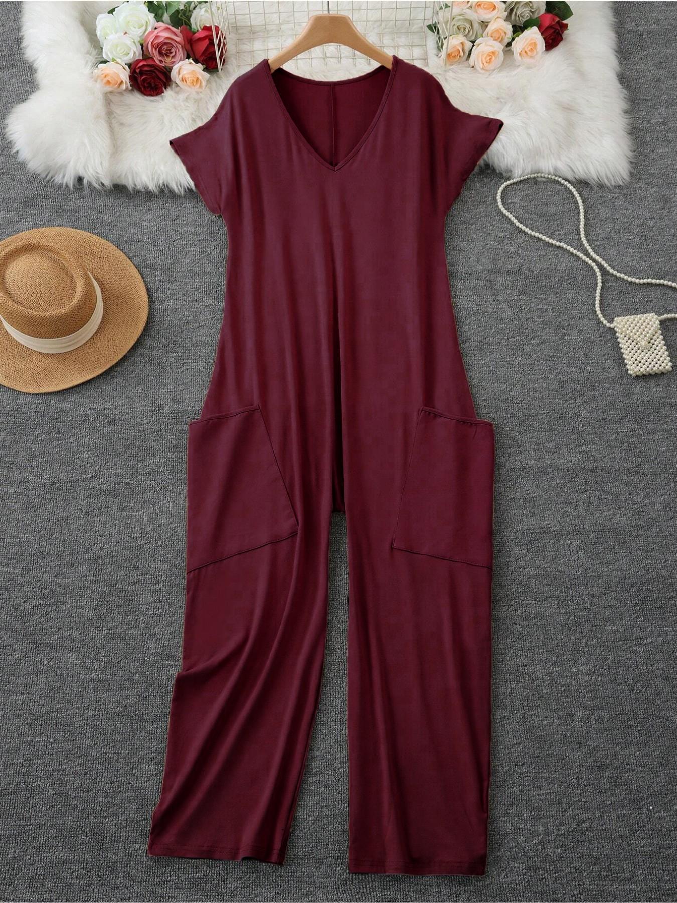 Women's Summer V-Neck Oversized Minimalist Jumpsuit, Sexy Backless Loose Fit Harem Pants, Casual Streetwear for All Seasons Womenswear