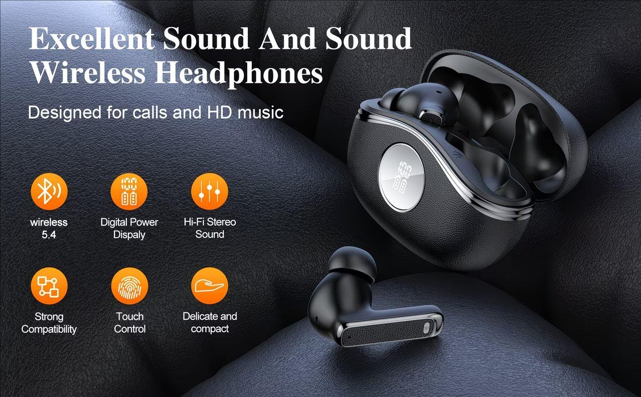 New in-ear wireless earbuds, Bluetooth 5.4, ENC noise-canceling microphone, powerful bass, USB‑C charging, comfortable design, clear Hi‑Fi stereo sound, long battery life, suitable for outdoor activities, work, and sports, compatible with all smartphones,