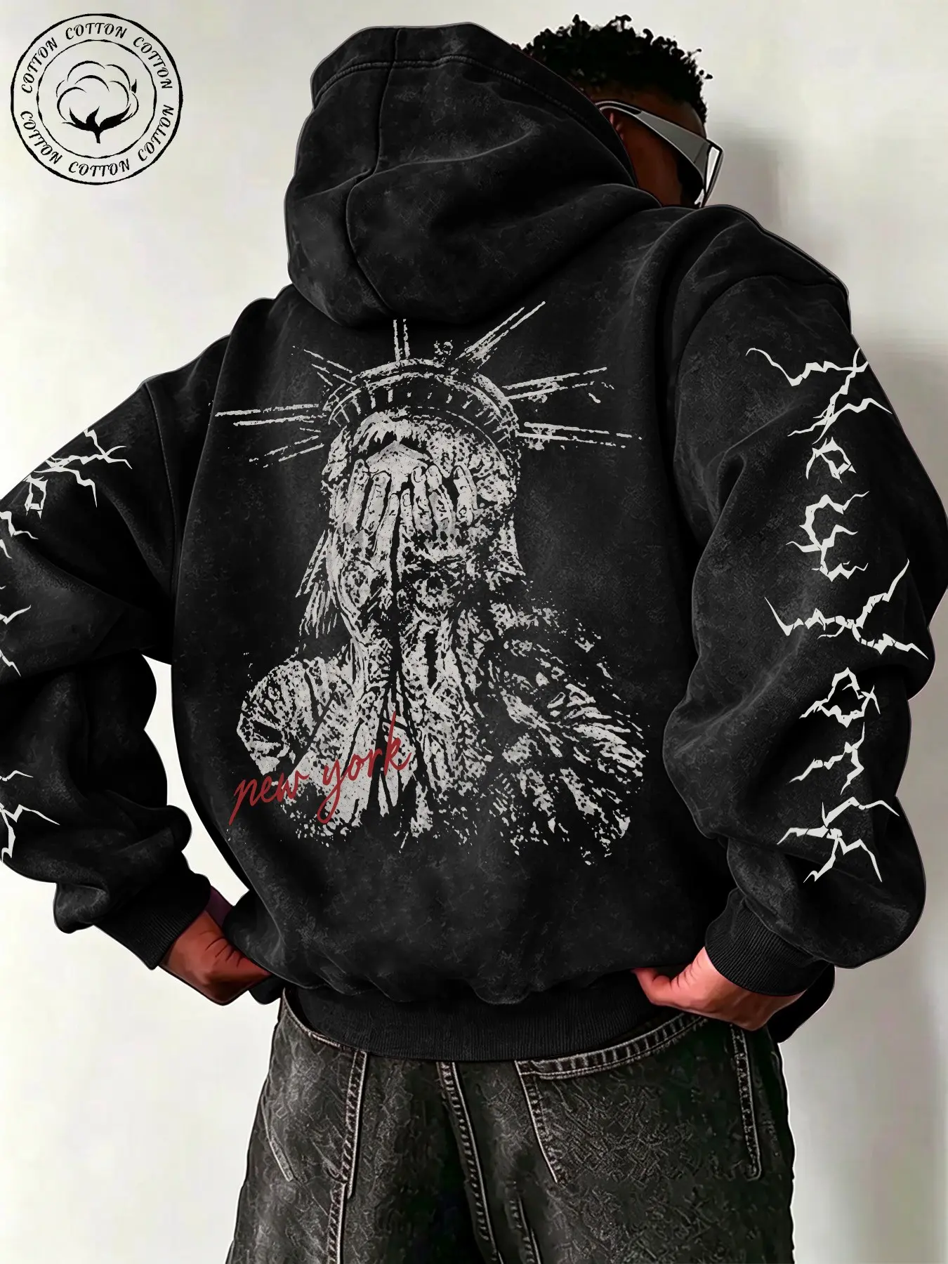 Unisex Multicolor Hooded Sweatshirt, Statue of Liberty Graphic Print, Soft Comfortable Washed Vintage Style, Fashion Early Fall Wear