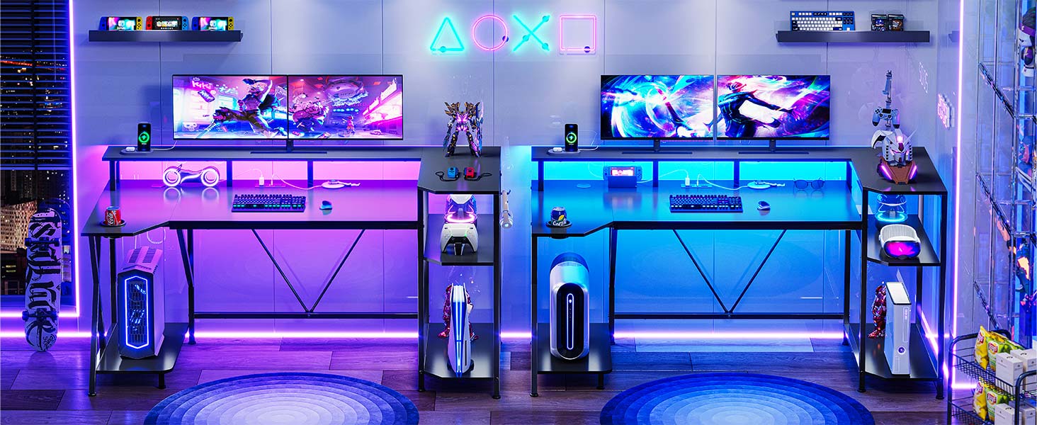 SEDETA 55-inch Gaming Desk with LED Lights and Storage Shelf, Computer Desk with Monitor Stand Power Outlet and Cup Holder Modern Metal Gaming Desk Heavy Duty Table