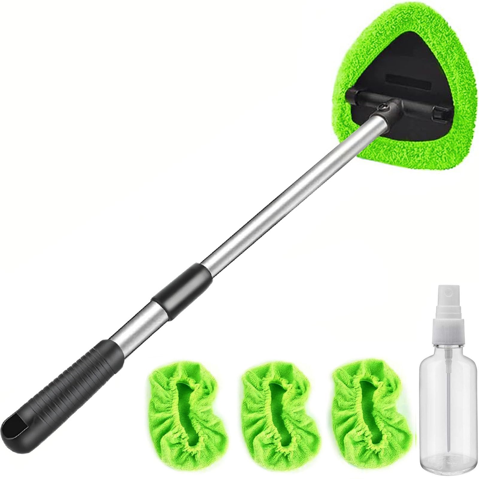 Windshield Cleaner Tool - Extendable Handle Auto Glass Wiper Kit with 4 Reusable Washable Microfiber Pads! Perfect for Car Interior & Exterior, Cleans Dirty Windows Easily. Green Wand + Cloth Pads, Must-Have Car Cleaning Brushes for Spotless Glass