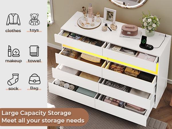Sikaic Dresser for Bedroom with LED Lights Charging Station Modern Double Wide Drawer Organizer Cabinet Furniture Organization Amplified Storage Space