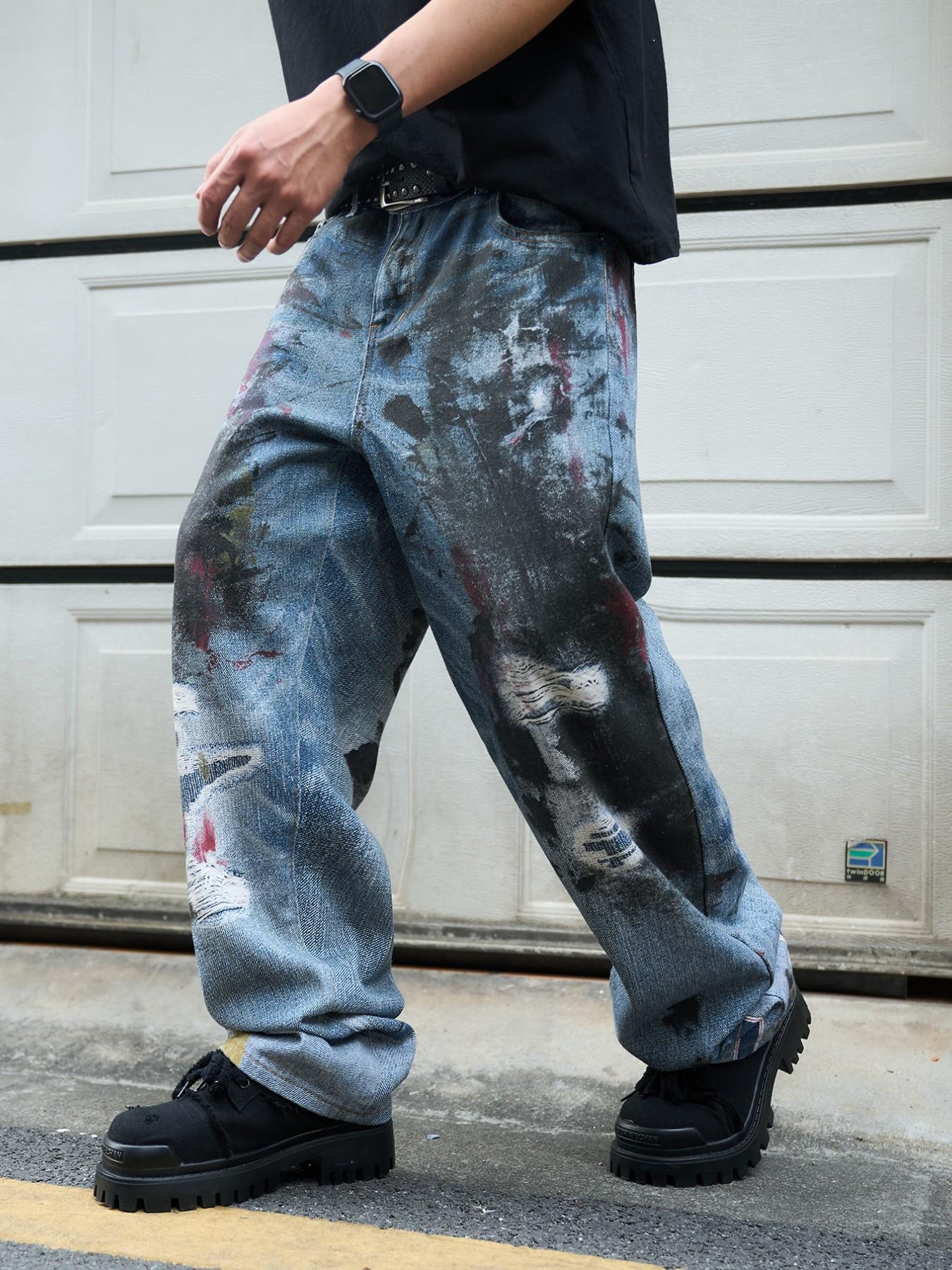 Men's 3D Printed Jeans Y2K Graffiti Denim Jeans, Loose Fit Wide Leg Vintage Washed Jeans, All Seasons Streetwear