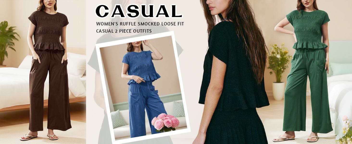 Molitree Women’s 2-Piece Smocked Top & Wide-Leg Pants Set–High-Waisted Lounge Outfit with Pockets Casual Boho Matching Set Clothes Ruffle
