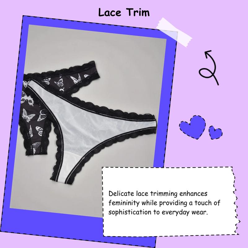 3-Pack Sexy Lace Trim Low Waist Thongs, Unique Butterfly Chain Print for Halloween, Comfortable Fitted Women's Underwear, Trim Lace Panty