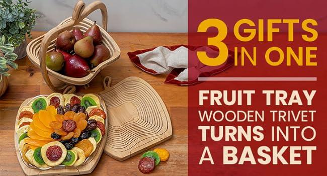 Bonnie & Pop Unisex Foldable Wooden Transformable Tray - Dual Gift with Dried Assorted Snacks, Holiday Home Supplies for Christmas, Corporate Gifting (Folds Into a Basket, All Ages Suitable)
