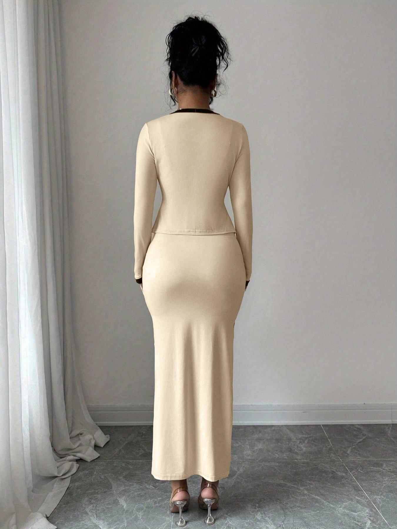 Women's Fall Winter Fashion Comfortable Long Sleeve Colorblock Knit Cardigan and Side Slit Dress Set, Stylish Two-Piece Outfit