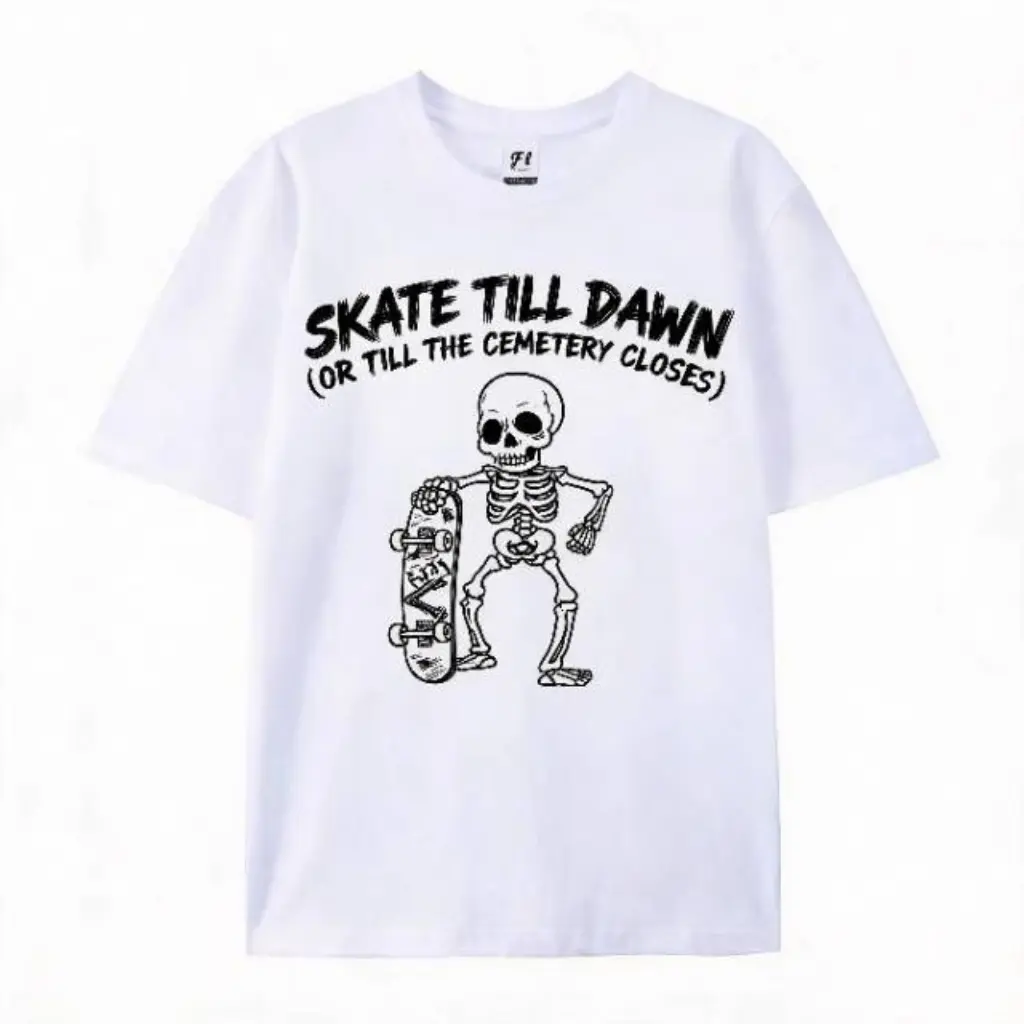 Skateboard Skeleton Graphic Tee – "Skate Till Dawn" Funny Skeleton Print, Edgy Streetwear Cotton Shirt, Perfect Gift for Skaters, Best Summer Festival or Skate Park Outfit