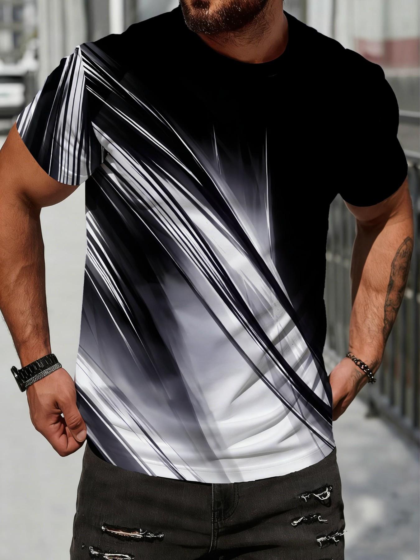 Summer Short Sleeve T-Shirt, Business Casual Round Neck Top, Youth Fashion All-Over Print, Breathable Ice Silk, Plus Size Slim Fit