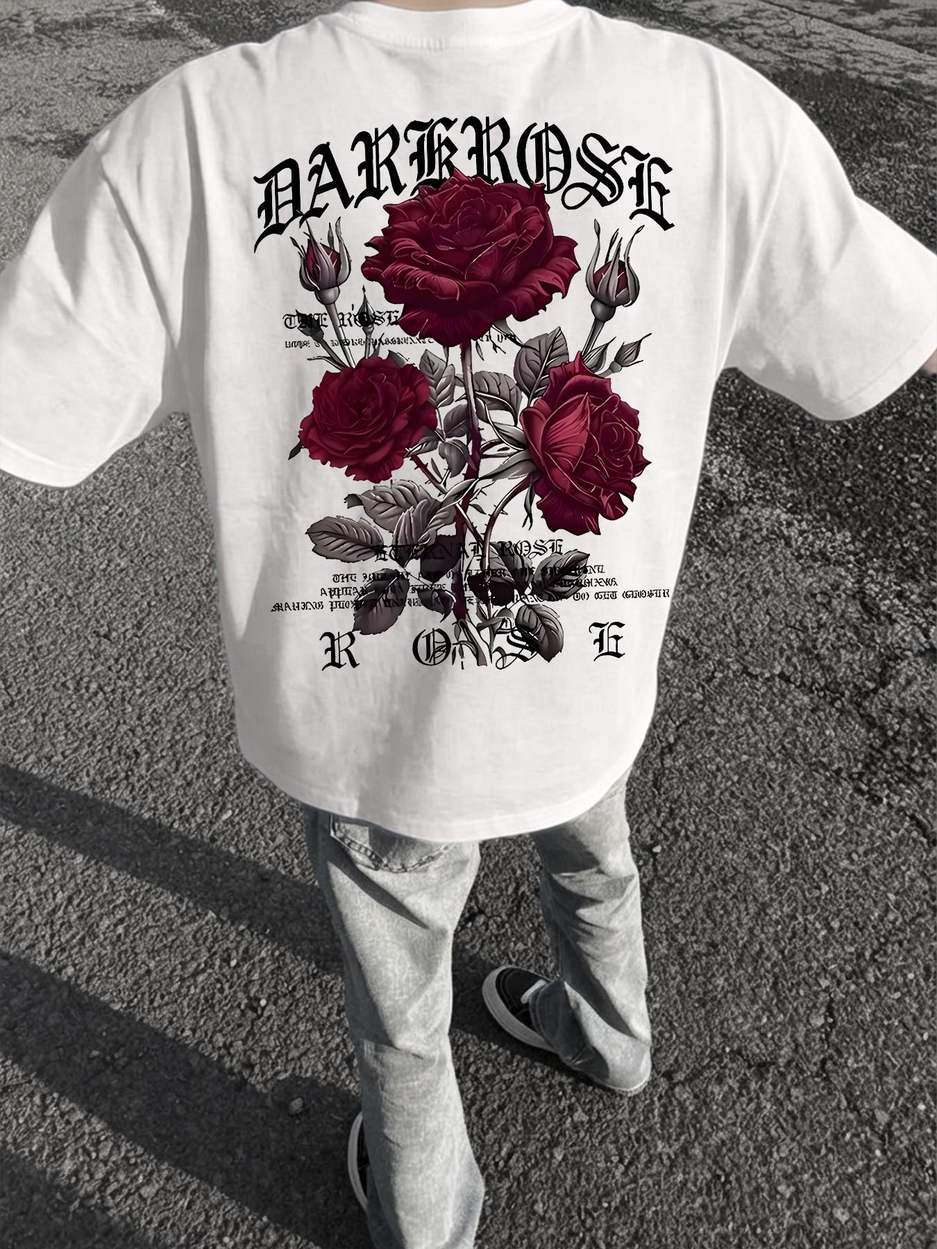 American High Street Dark Rose Print T-Shirt for Men, Summer Oversize Loose Fit Short Sleeve, Trendy Clothing for Casual Occasions