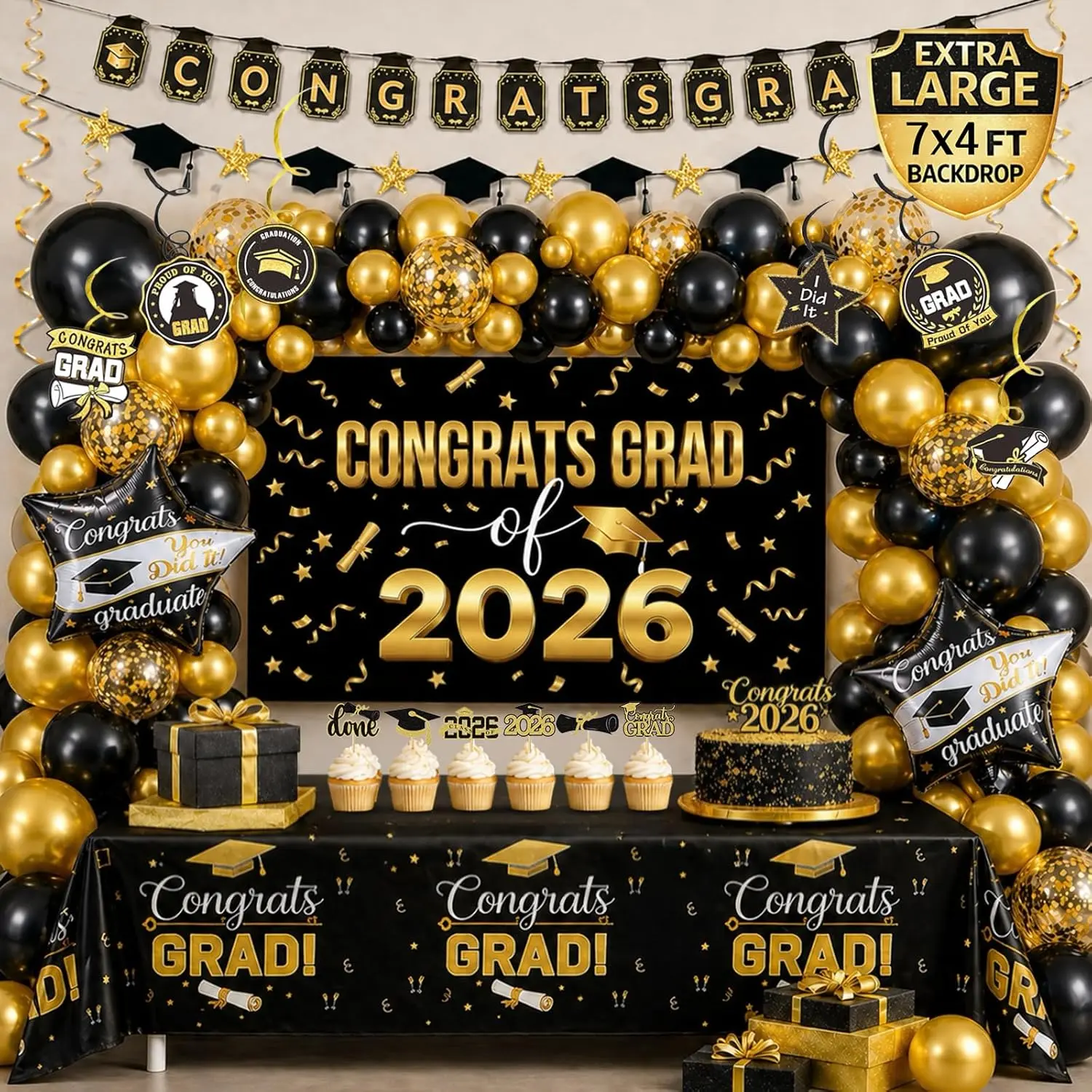 150Pcs Black Gold Graduation Decorations 2026 with 7x4ft Backdrop| 150pcs graduation decorations 2026 with oversized 7x4ft backdrop, black gold balloon arch, banner and tablecloth