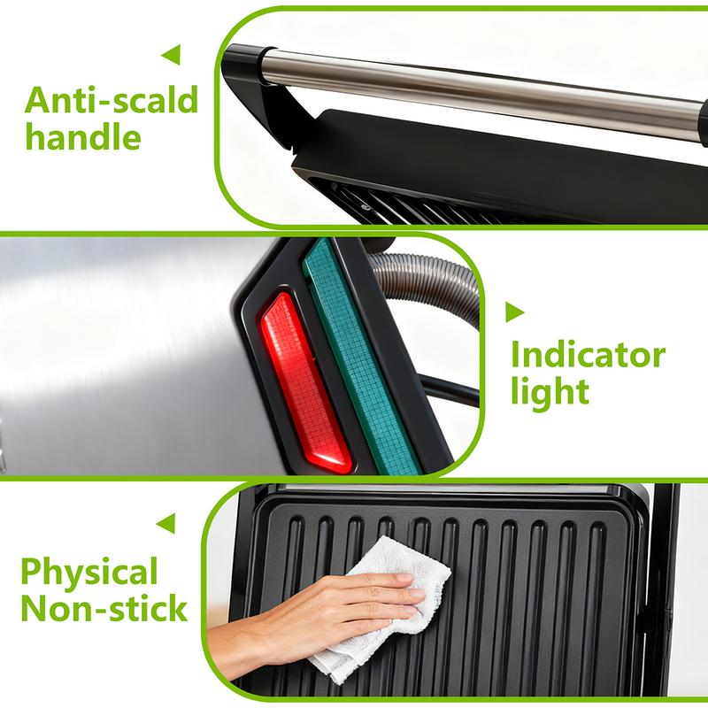 Panini Press Grill and Gourmet Sandwich Maker, equipped with non-stick coated plates, can open 180 degrees, suitable for grilling steaks, burgers and sandwiches, and the body color is black