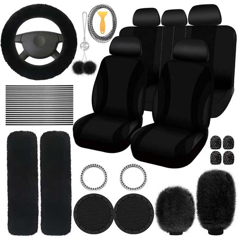 45pcs Car Seat Covers & Interior Accessories Set: Thin Polyester Five-Seat Car Seat Covers, Plush Steering Wheel Cover, Shoulder Pads, Gear Shift Knob Cover, Rearview Mirror Ornaments, Cup Pads, Tire Valve Caps, Stitching Trim Strips. 45pcs Car Seat Covers & Interior Accessories Set: Thin Polyester Five-Seat Car Seat Covers, Plush Steering Wheel Cover, Shoulder Pads, Gear Shift Knob Cover, Rearview Mirror Ornaments, Cup Pads, Tire Valve Caps, Stitching Trim Strips.