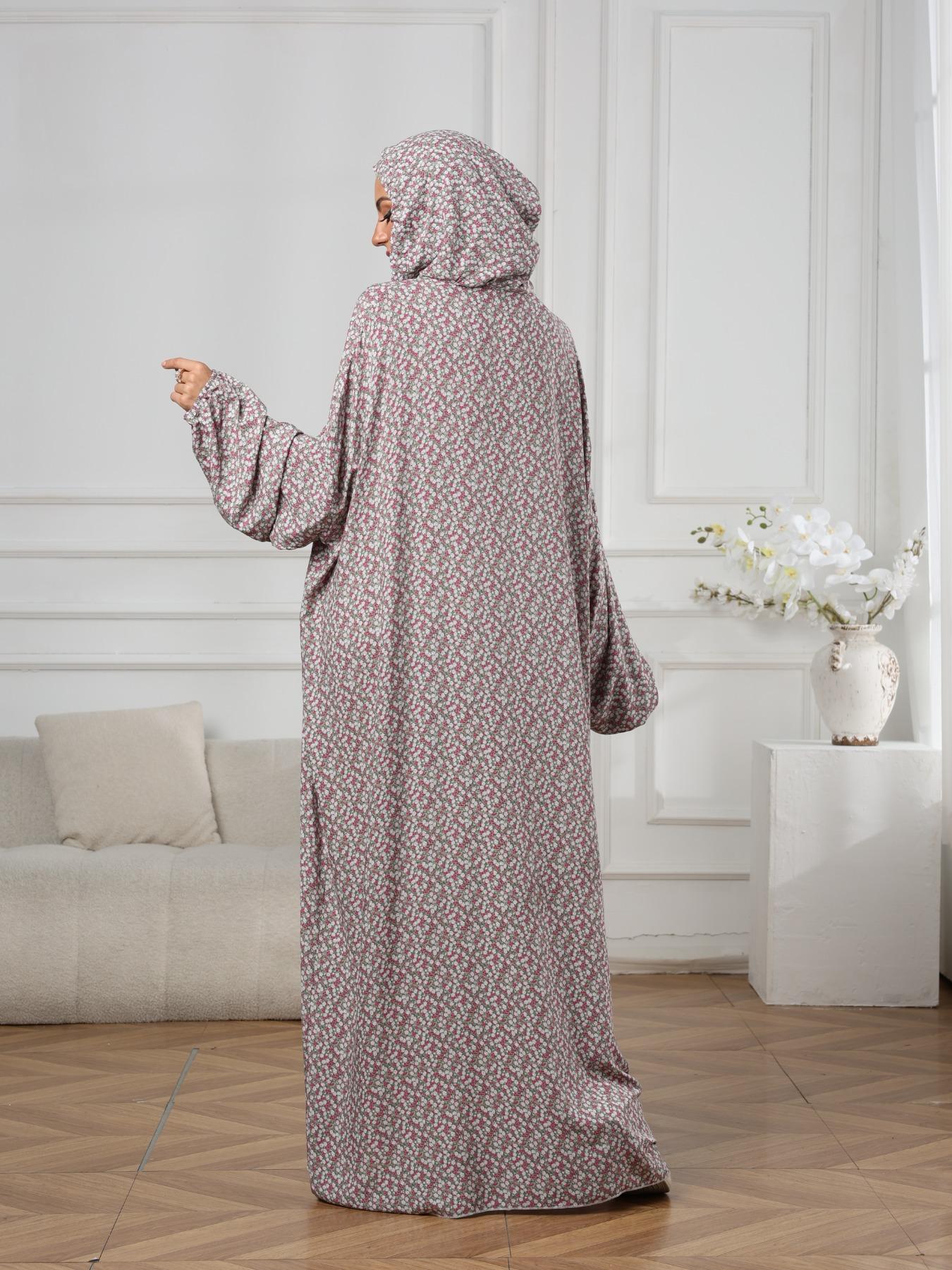 Middle East Fall Winter Hooded Drawstring Plus Size Fashion Floral Dress, Loose Fit Long Lantern Sleeves, Modest Style Dress, Modest Casual Wear, Hooded Arabian Dress, Muslim Women Gowns