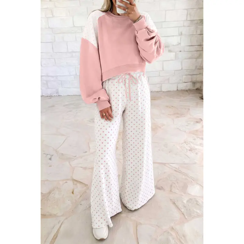 BF Women's 2-Piece Pink Polka Dot Colorblock Lounge Set - Soft Ribbed Balloon-Sleeve Cropped Sweatshirt, Wide-Leg Pants with Elastic Drawstring, Loose Fabric for Cozy Fall