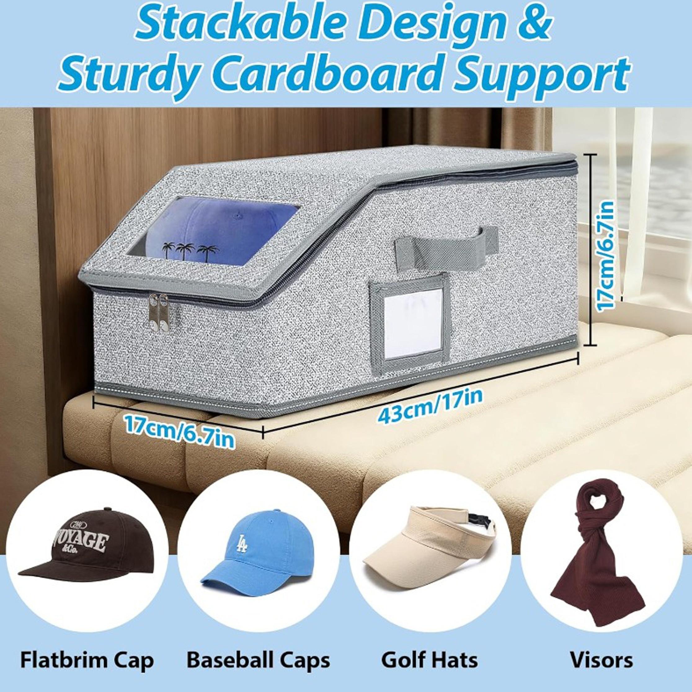 Portable Foldable Baseball Cap Storage Box with Zippered Transparent Window – Stackable, Space Saving Storage & Dustproof Hat Organizer for Home and Travel