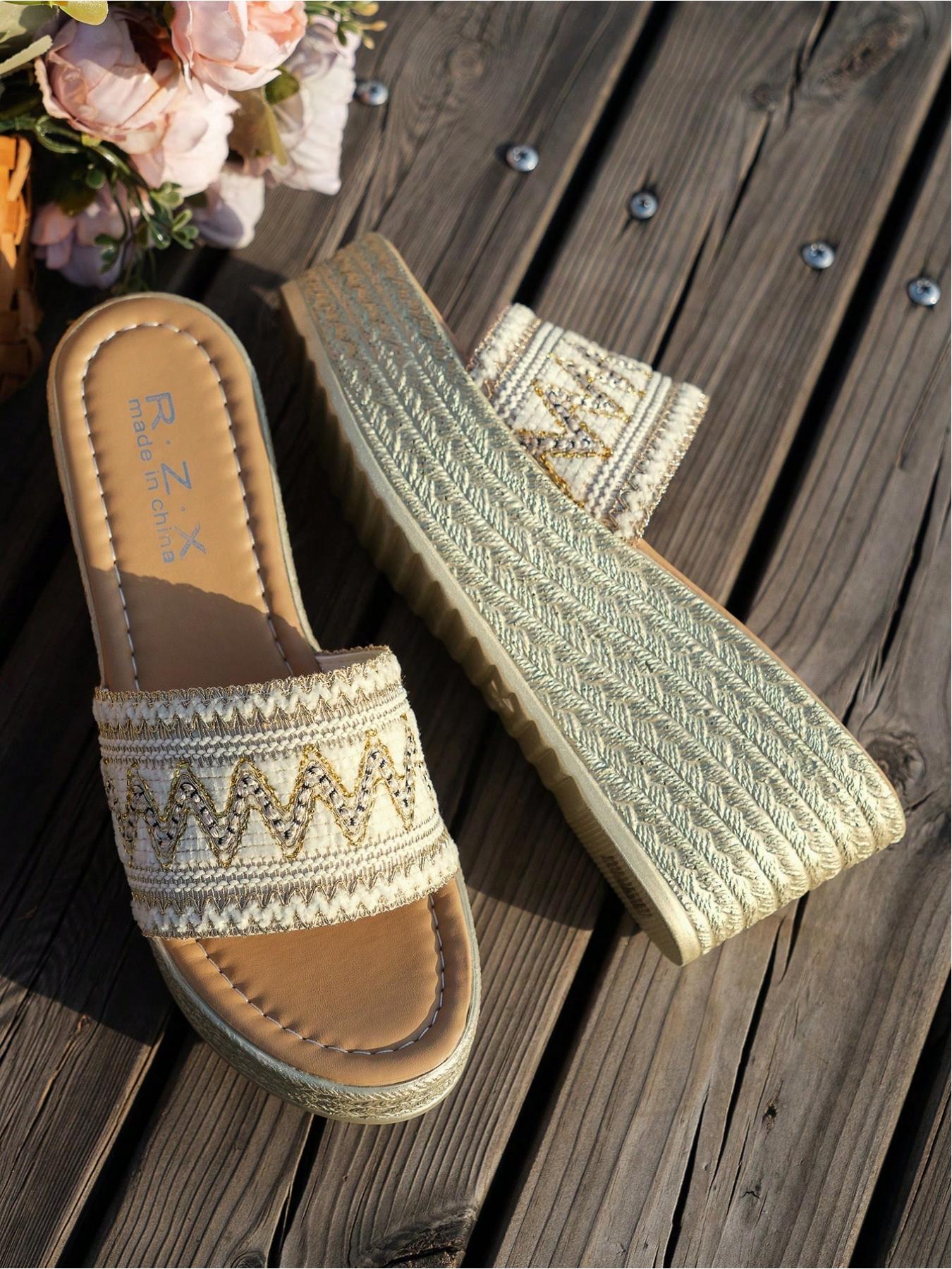 Vintage Bohemian Resort Style Handmade Crochet & Straw Wedge Heels, Breathable, Thick Sole, Anti-Slip, Multiple Sizes & Colors, Perfect for Daily Wear