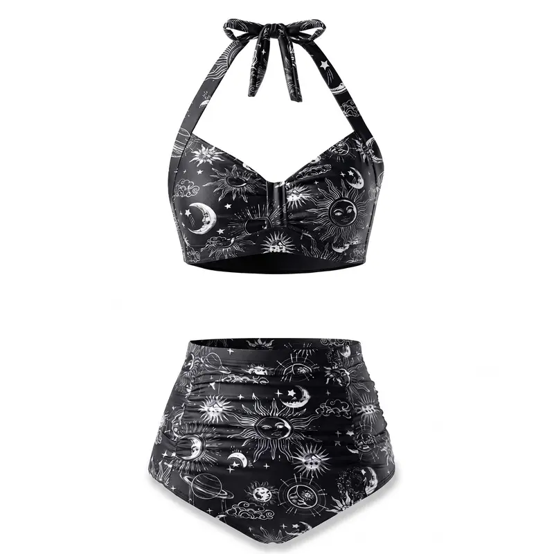 Holipick Women High Waisted Bikini Set Two Piece Tummy Control Swimsuit Halter Top with Bottom Bathing Suit Plus Size Swimsuit for Women Vintage Swimwear Ruffle Swimsuits